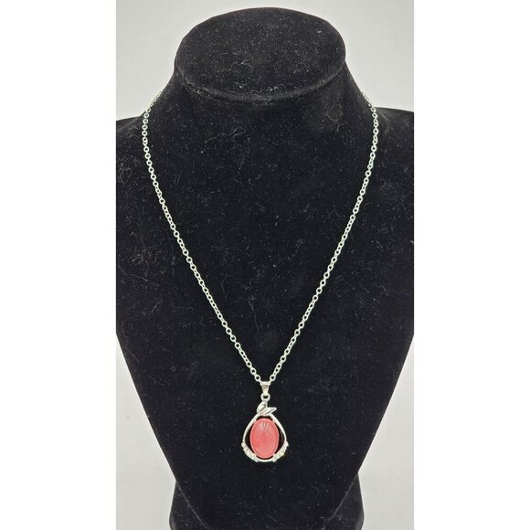 Bijoux By Meera Genuine Pink Chalcedony Stone Pendant w/ Silver Tone Rolo Chain - Picture 2 of 7